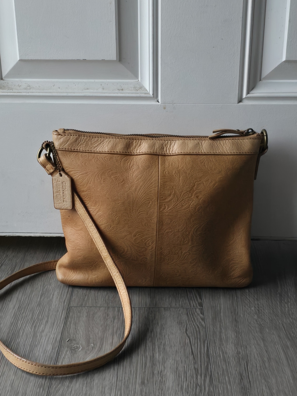 Steven Steve Madden Tan Genuine Leather Embossed Floral Crossbody Bag Boho